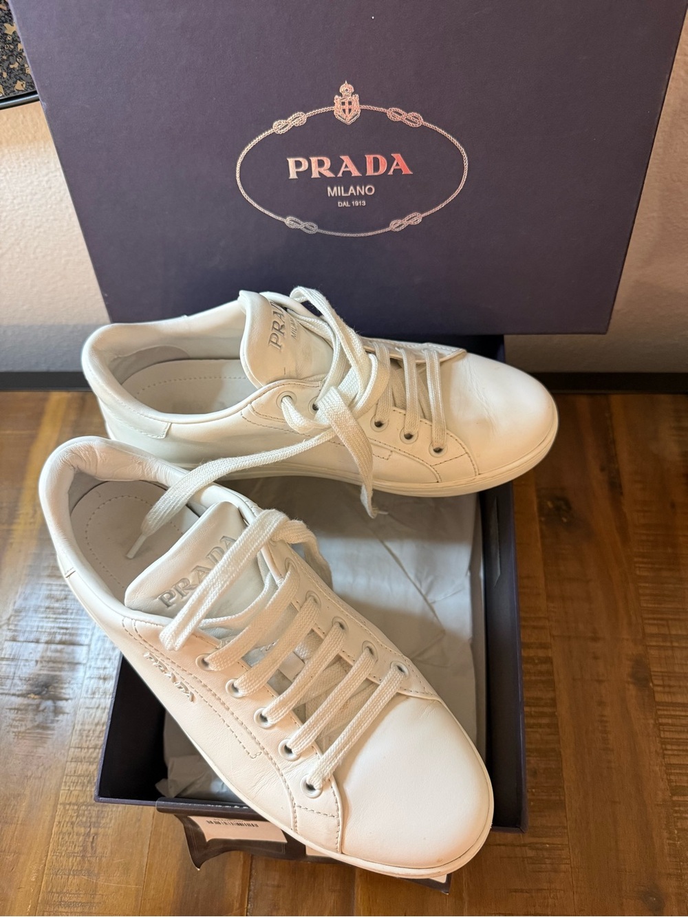 Prada White Leather Low-Top Sneakers